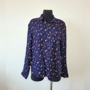 DIP Women's Button Front Shirt Blouse Top Navy Dark Floral Viscose Spring Large